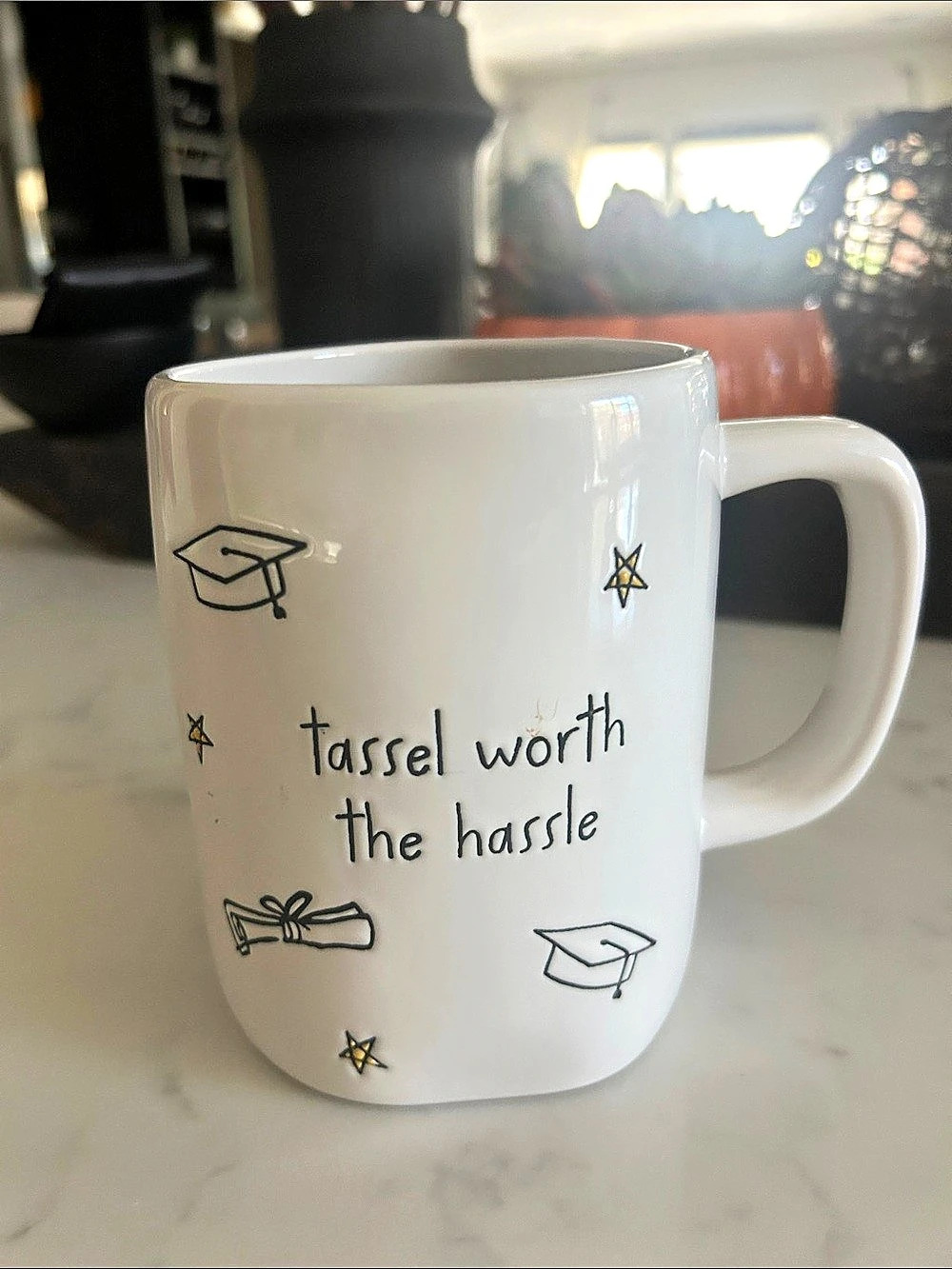 Rae Dunn Tassel Worth the Hassle Graduation Mug White & Black RARE